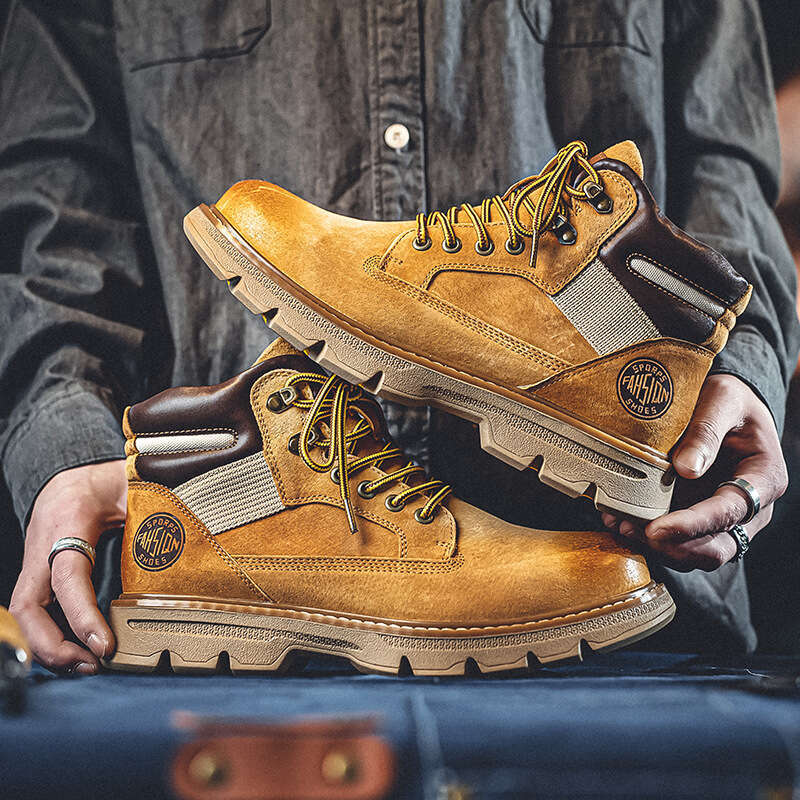 Top Layer Pigskin Martin Cargo Shoes Handcrafted Color Rubbed American Street Style Yellow Boots