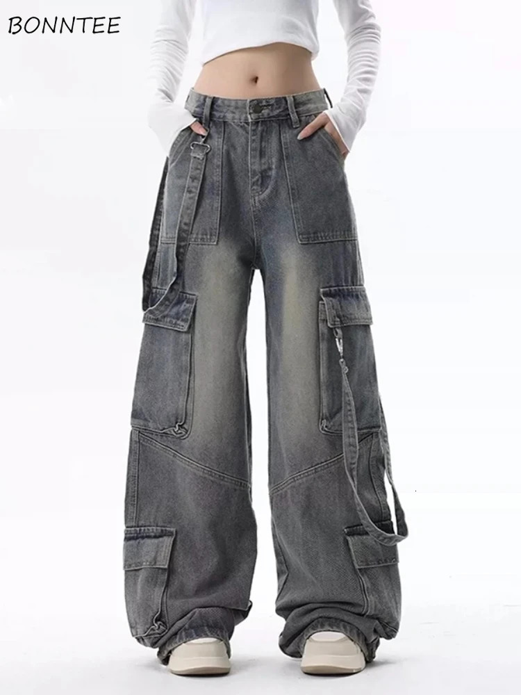 Cargo Jeans for Women Baggy High Street Chic Allmatch Daily Vintage Ins Waist Trousers Autumn Multipockets Classic 251029