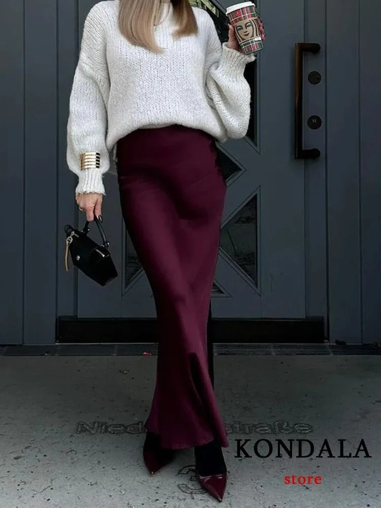 KONDALA Vintage Satin Solid Long Skirts Women High Waist Elastic Silky Skirts Fashion 2025 Spring Elegant Straight Skirts 251028