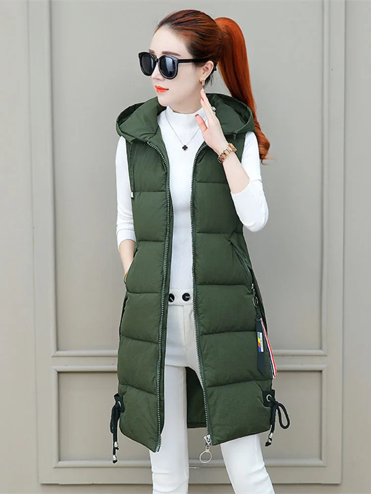 Fashion Student Winter Vest Long Waistcoat Hooded Coats Down Cottonpadded Jacket Thicken Parka Women Sleeveless Jackets 251024