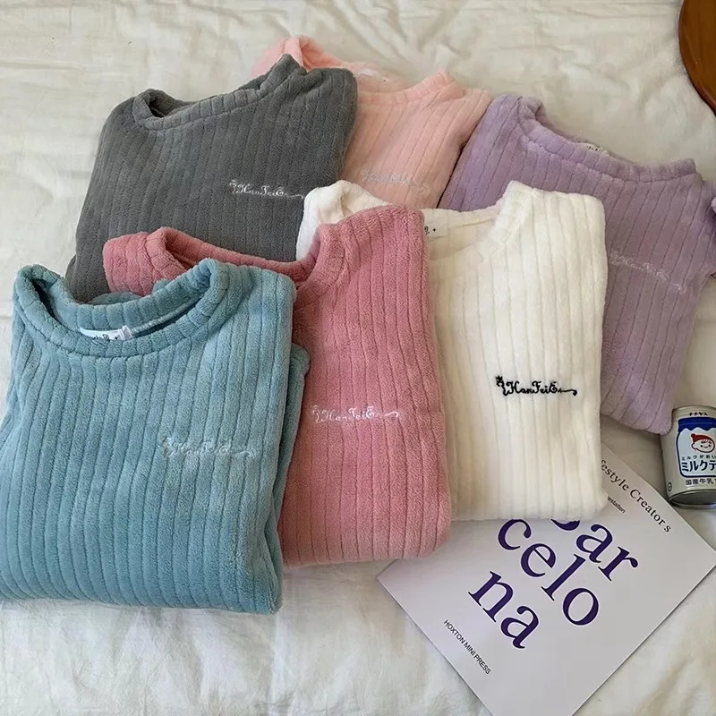 Winter Flannel Twopiece Loose Casual Oneck Striped Coral Fleece Top Elastic Waist Pants sets Womens Pajamas Set Sleepwear 251029