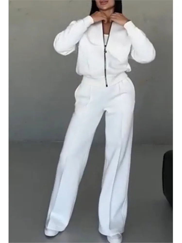 Women Tracksuit 2 Pieces Set Fashion Long Sleeve Zipper Coat Casual Solid Sweatshirt Straight Pants Suit Ladies Autumn Sportwear 251029