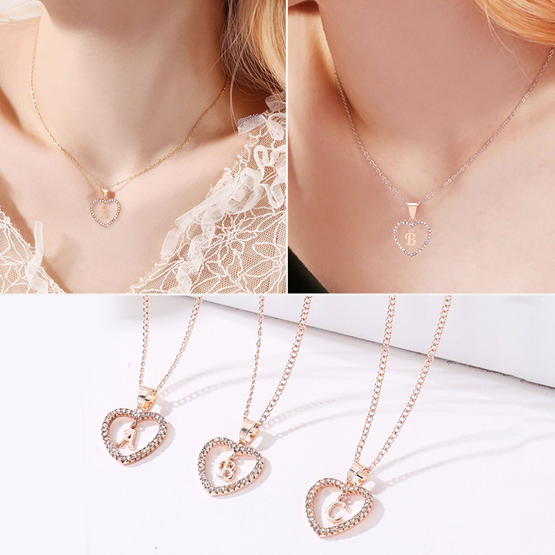 Ins Style 26 Letters Necklace for Women Elegant Dia-Studded Heart English Letter Pendant Clavicle Chain