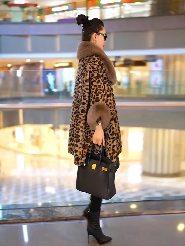 Soft Warm Furry Classic Leopard Faux Fur Cape Coat Long Fashion Batsleeve Cloak Winter Women Wraps Overcoat 251029