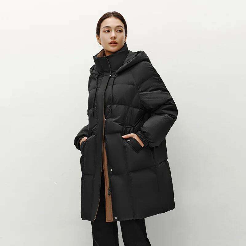 Semir Down Jacket Women Long Length Hooded Black Color Block Winter New Loose Outerwear Fashion Women's Wear