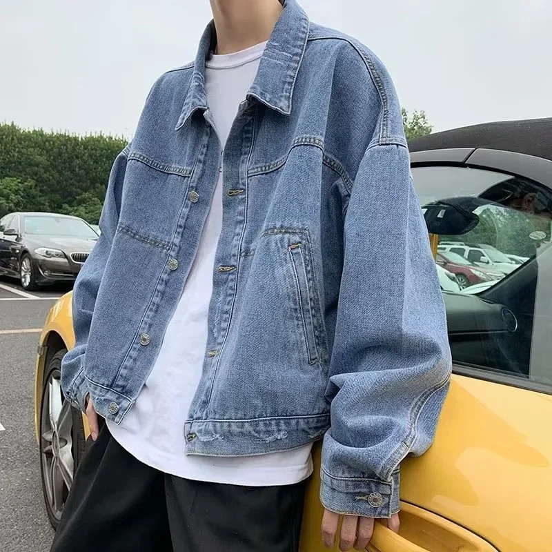 Spring Mens Singlebreasted Blue Denim Jacket Solid Color Retro Loose Outerwear Korean Fashion Jeans Jackets Y2K Streetwear 251016