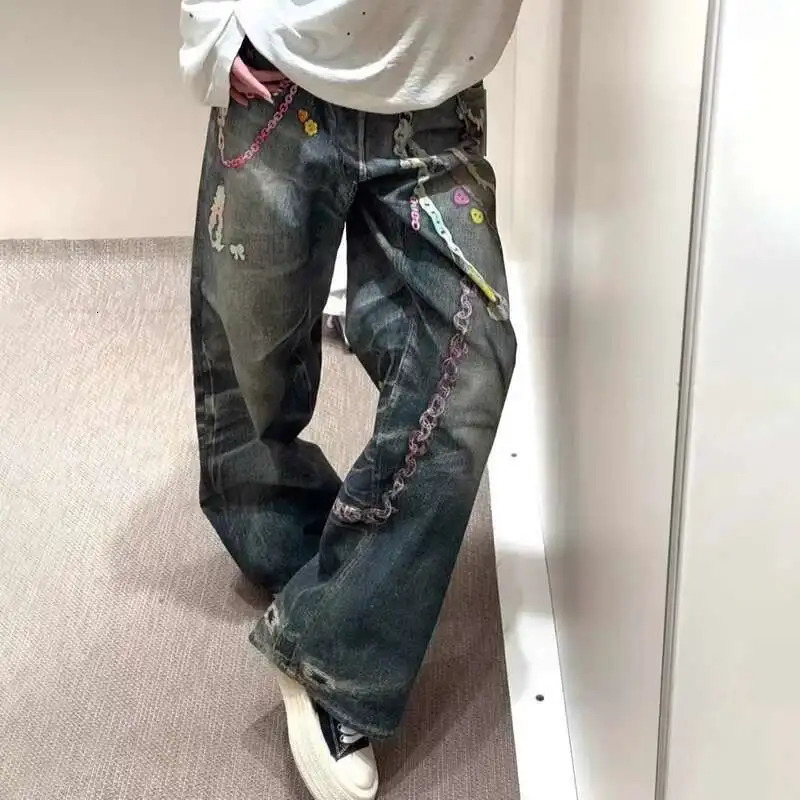 DEAT Womens Fashion Straight Printed Casual Denim Pants Spring Arrival Female Long Chain Gradient Jeans Trendy 11A03657 251029