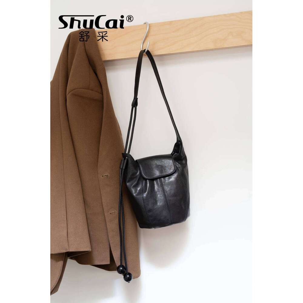 Genuine Grade Cow Leather Women's Shoulder Crossbody Black Bag Designer Brand Cowhide Female Small Coffe Bucket Bags New
