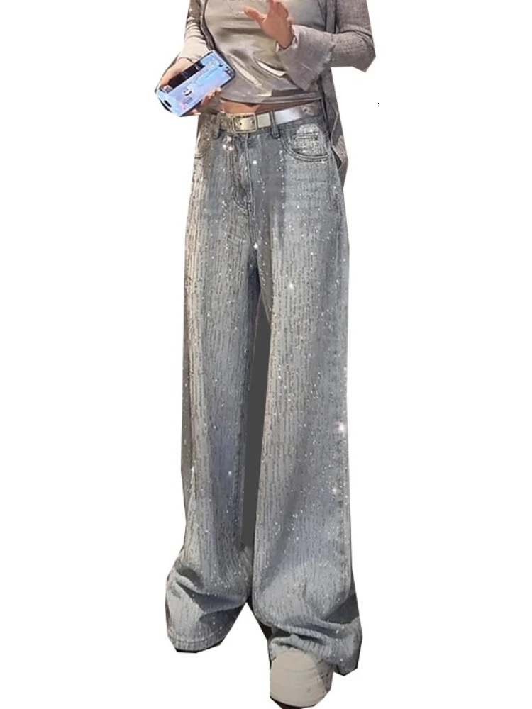 Womens Summer Star Diamond Jeans n Sense High Waist Loose Wide Leg Pants Casual Floor Trendy Long Pants 251029