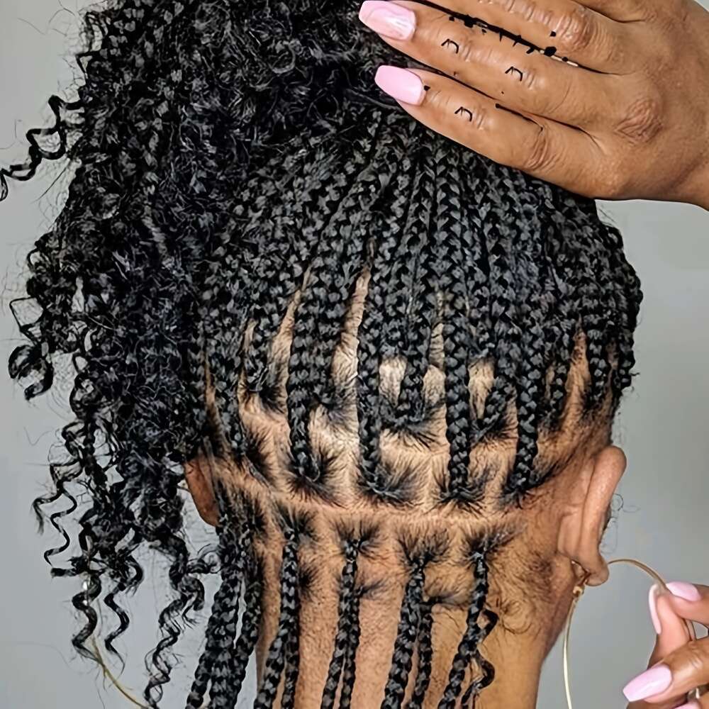 Bohemian Style Woven - Knotless Goddess With Curly Full Square Synthetic Braid Wig Featuring, Suitable For Women, Natural Black Braided Lace Front Wig