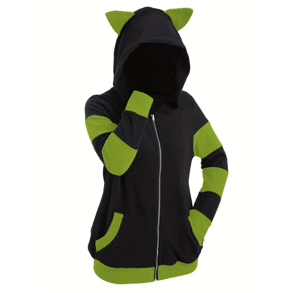 Women S Anime Hooded Sweatshirt Thickened Hoodie Coat With Front Zipper Closure Black Bury Colorblock All Season Layering Piece For Casual Outfits The