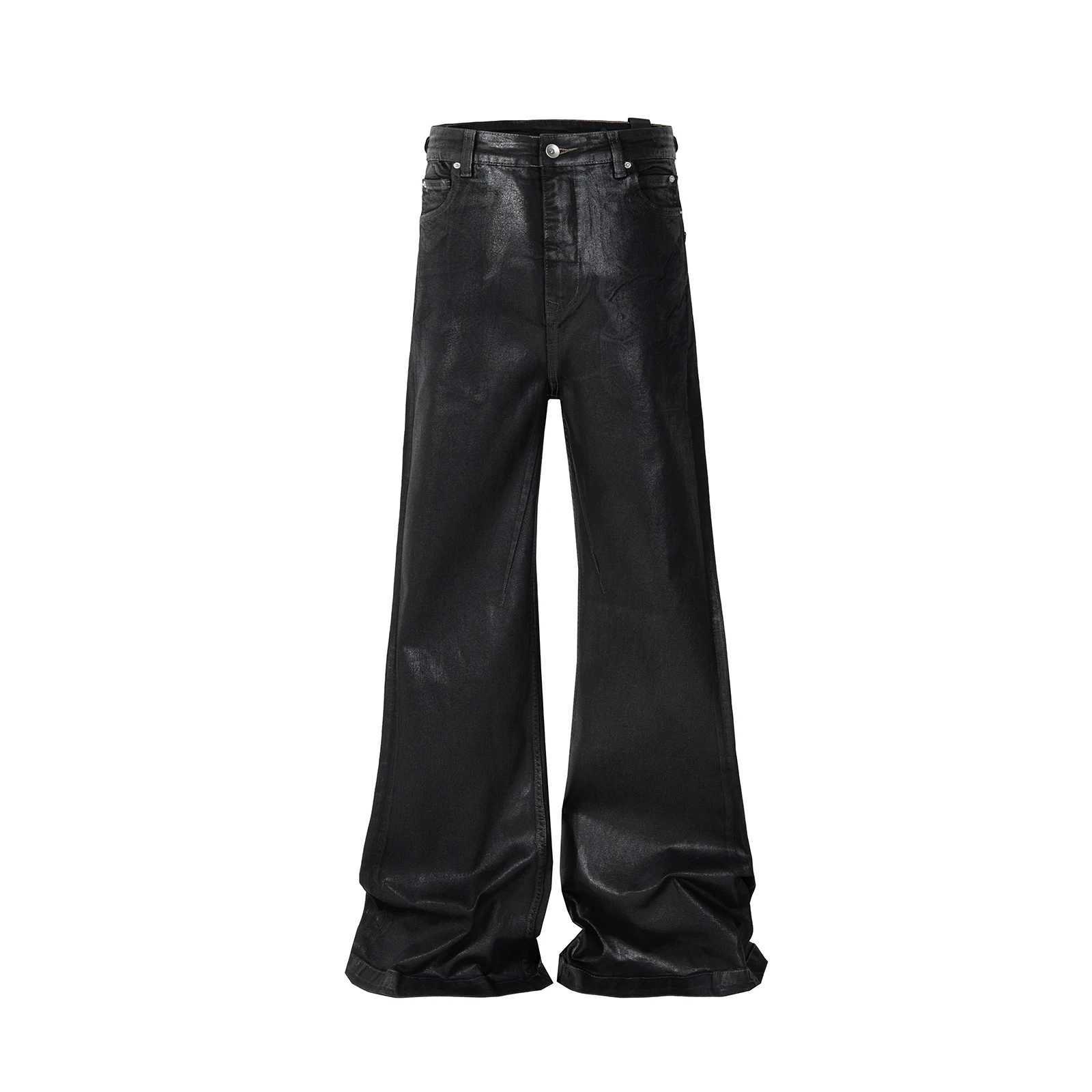 Streetwear Black Wax Leather Strecth Jeans for Men Ropa Hombre Baggy Y2k Flare Pants Oversized Straight Denim Trousers J251030