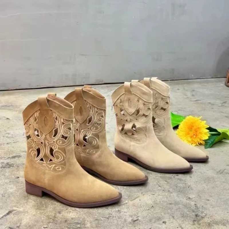 Luxury New Western Cowboy Boots Embroidered Hollow Womens Thick Heel Knight Boots Ethnic Style Retro Casual Ancient Short Boots Z251029