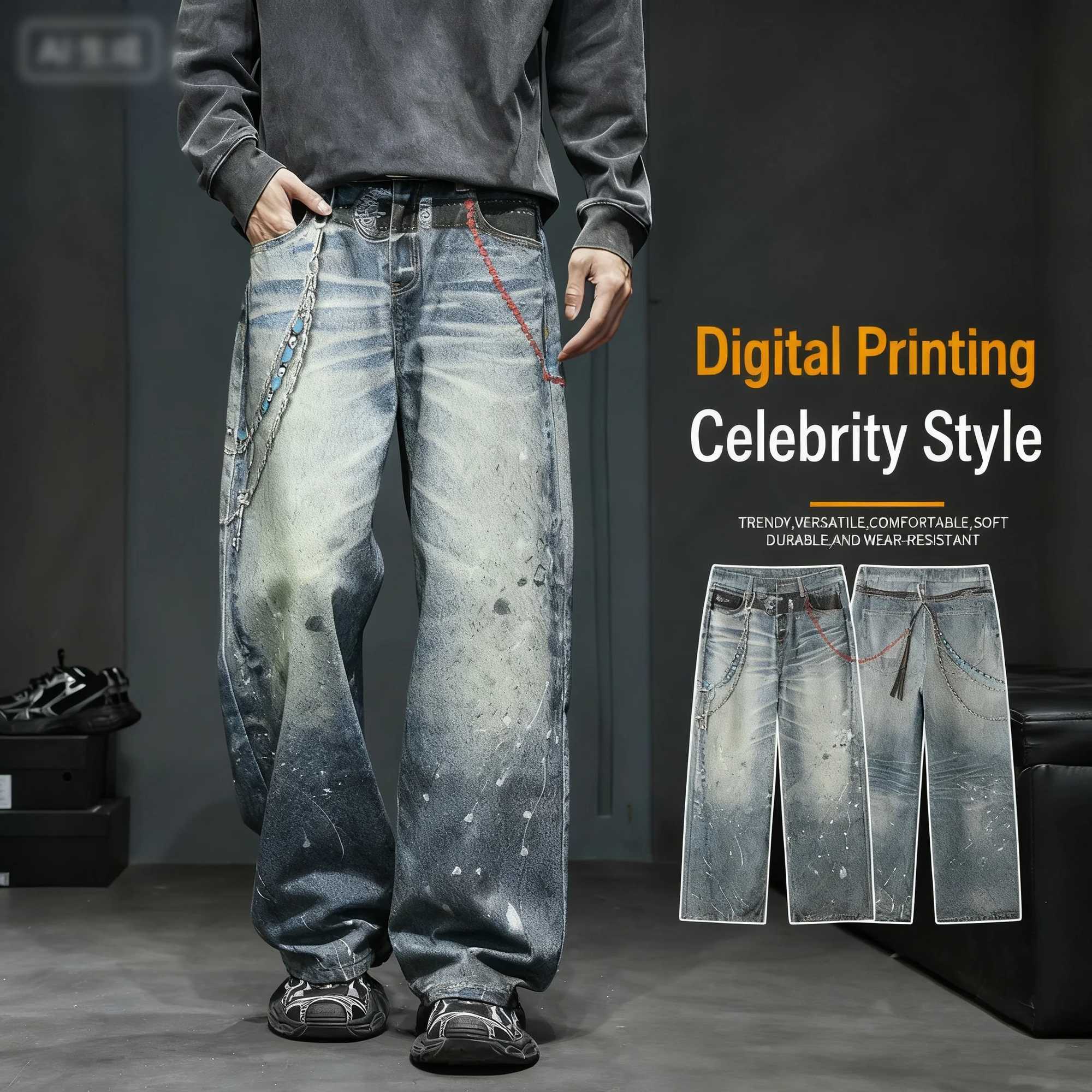 American street retro washed dirty straight leg loose high waisted jeans with distressed chain print mens straight leg jeans J251030