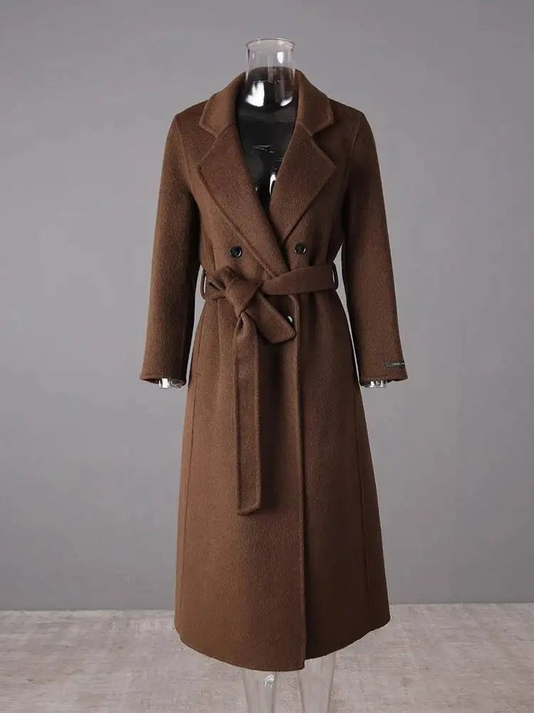 EAM Brown Belted Big Size Long Elegant Woolen Coat Lapel Sleeve Women Jacket Fashion Autumn Winter 2025 CPG4131 251010