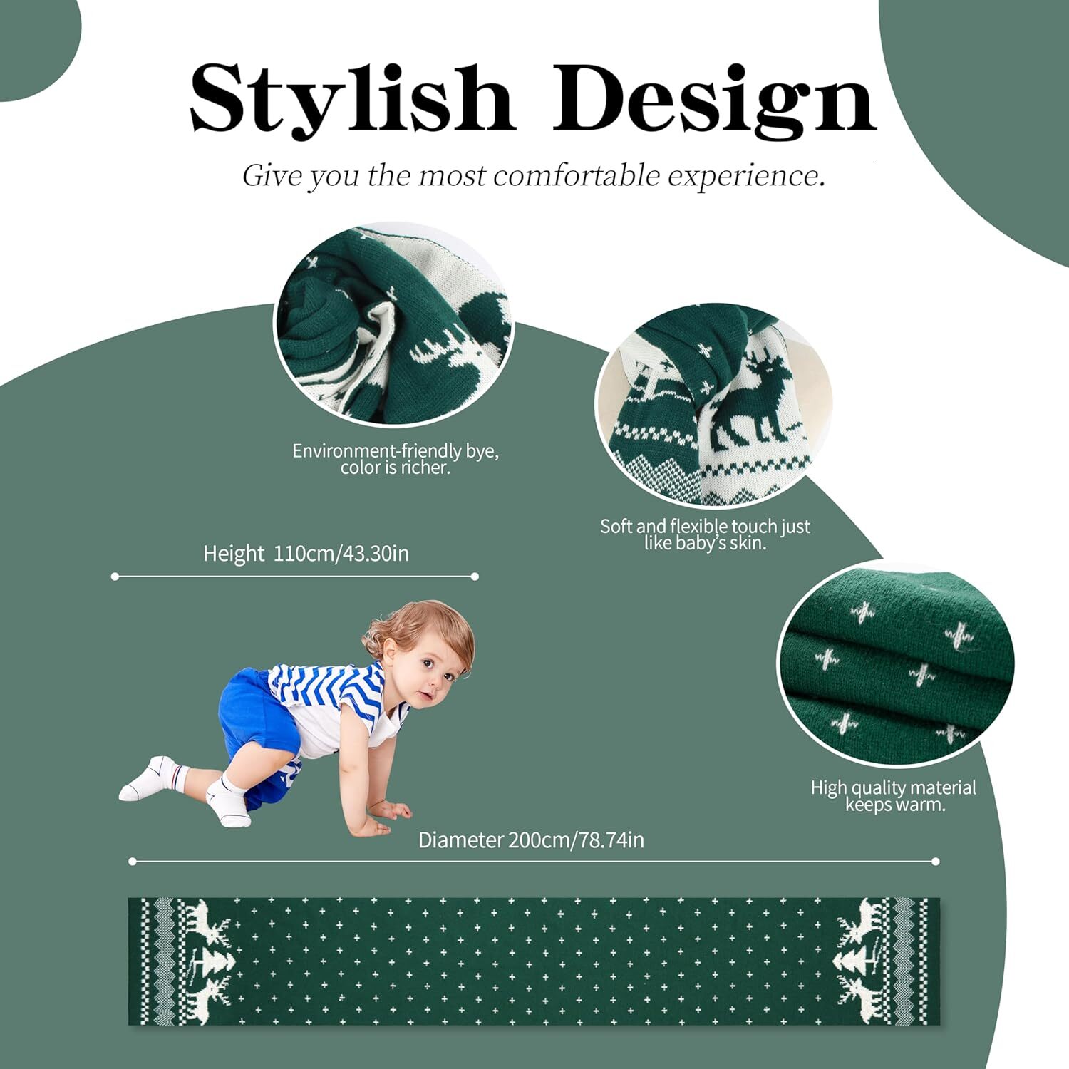 Custom Fall Winter Soft Knit for Women Men Boys Girls Christmas Scarf with Reindeer and Snowflake Pattern Green