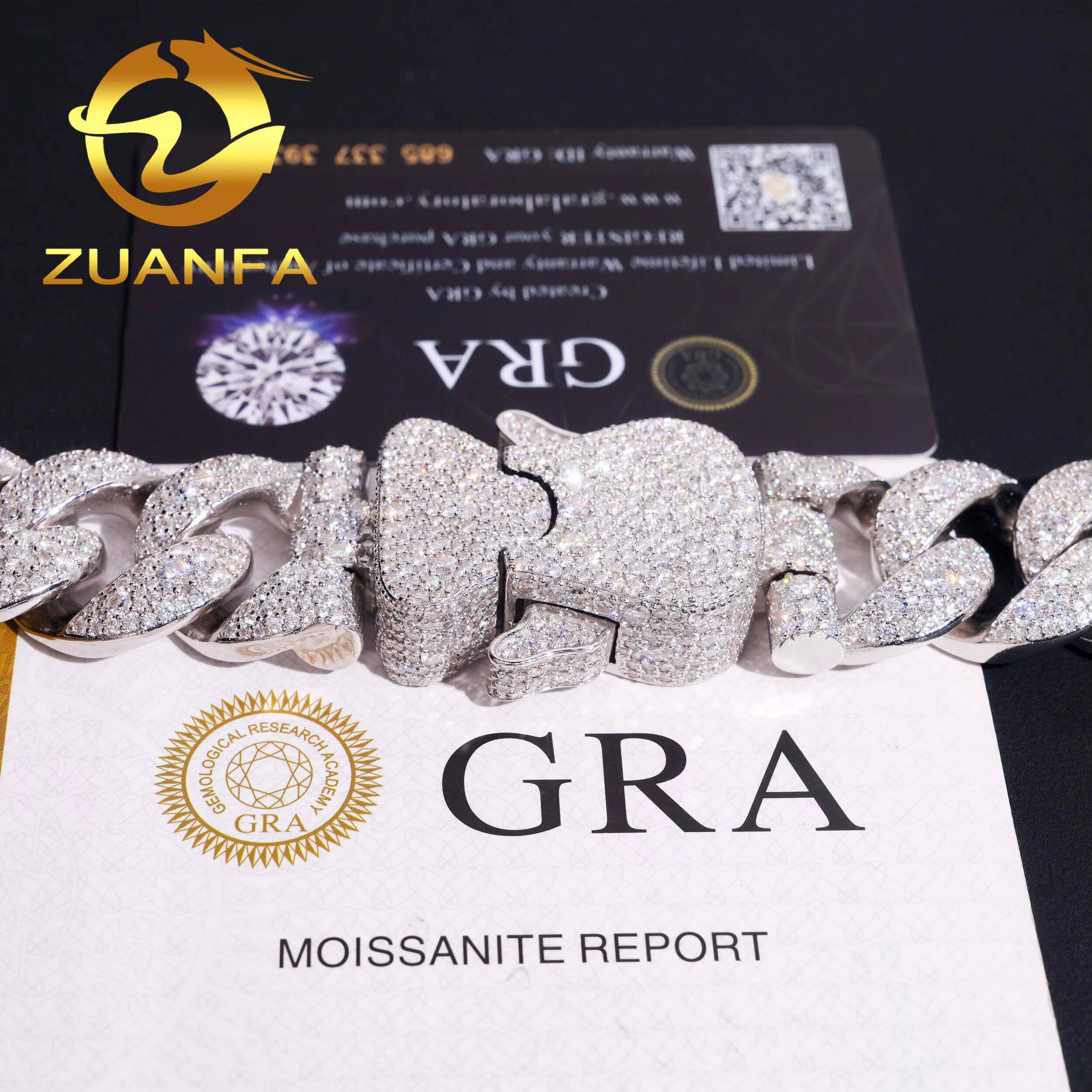 24mm Heavy Mosaic Set Moissanite GRA Silver 925 Gold Plated Necklace Chain Hip Hop Iced Out Jewelry Cuban Link Bracelet Chain