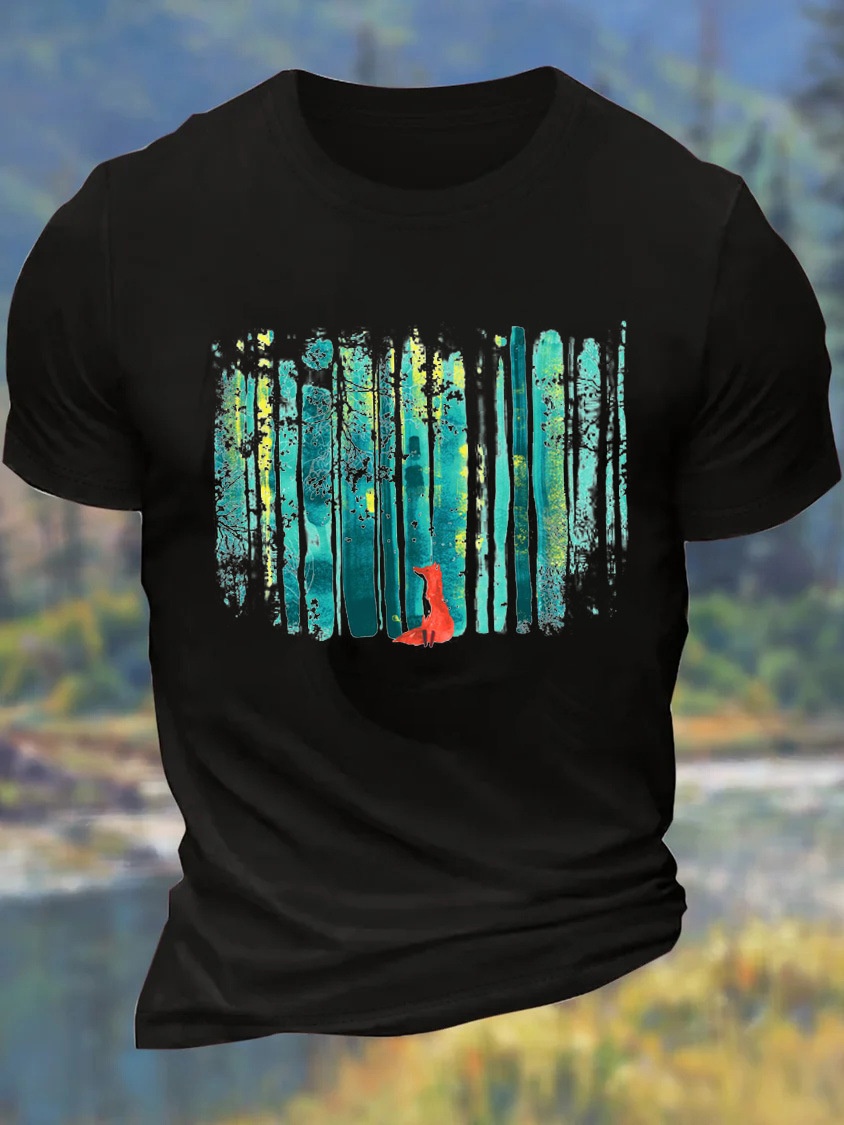 European & American Oversized Men's Forest Fox Crew Neck Casual Cotton Letter T-Shirt - TT7454