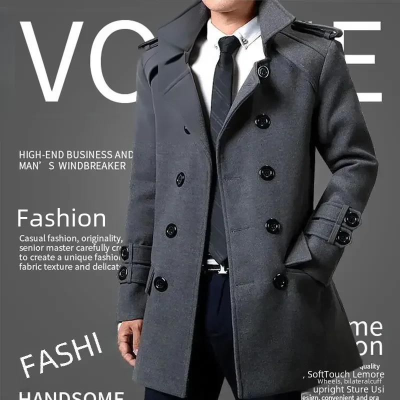 Winter Woolen Doublebreasted Trench Coat For Men Mediumlength Slimming Overcoat British Style 251029