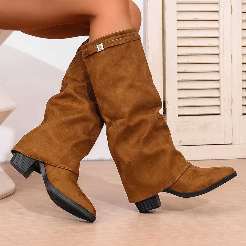 Fashion Slip On High Heeled Knee High Boots Women Autumn Winter High Tube Rider Boots Woman Pointed Toe Thick Heel Long Botas Z251029