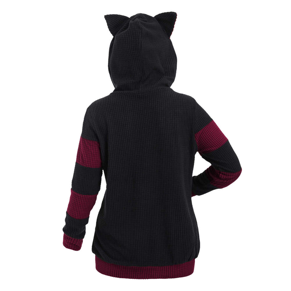 Women S Anime Hooded Sweatshirt Thickened Hoodie Coat With Front Zipper Closure Black Bury Colorblock All Season Layering Piece For Casual Outfits The