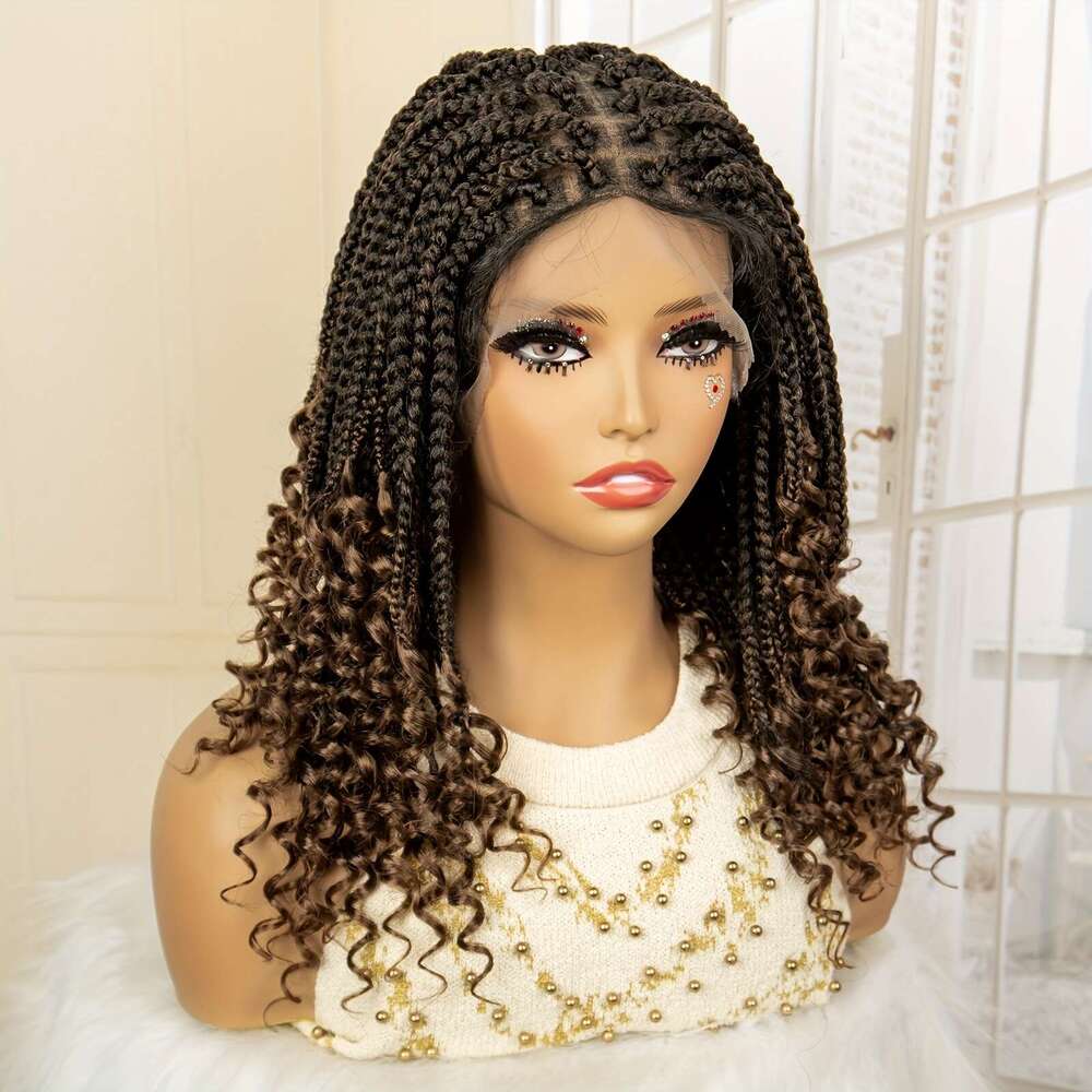 Bohemian Style Woven - Knotless Goddess With Curly Full Square Synthetic Braid Wig Featuring, Suitable For Women, Natural Black Braided Lace Front Wig