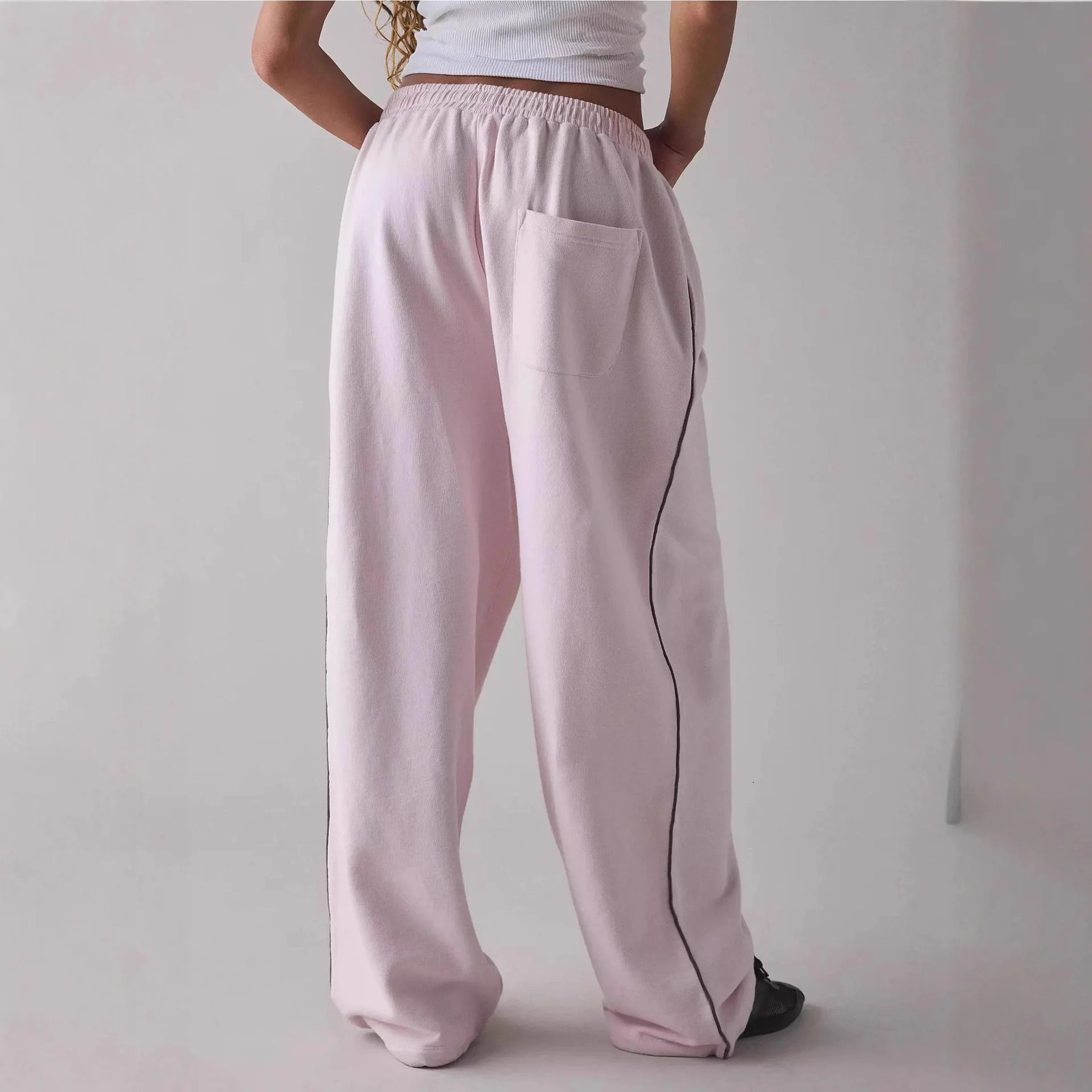 Pantalones Casuales Pink Embroidered Casual Pants For Women Loose And Comfortable Straight Elastic Waist Trousers 2025 251029
