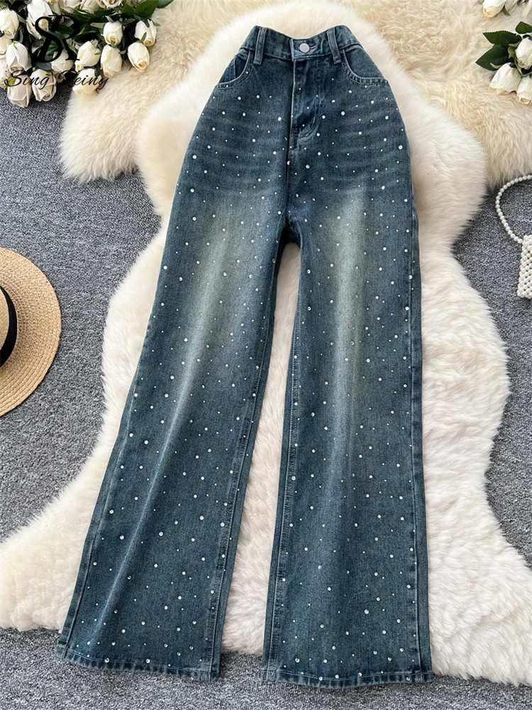 SINGREINY American Retro Diamonds Jeans Female High Waist Pockets Zipper Wide Legs Trousers Streetwear Loose Denim Long Pants 251029