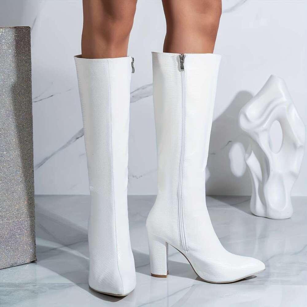 Elegant White Pointed-Toe Knee-High Women - Chunky With Side Zipper, Faux Cover, Perfect For Fall & Winter Comfort, High Heel Boots