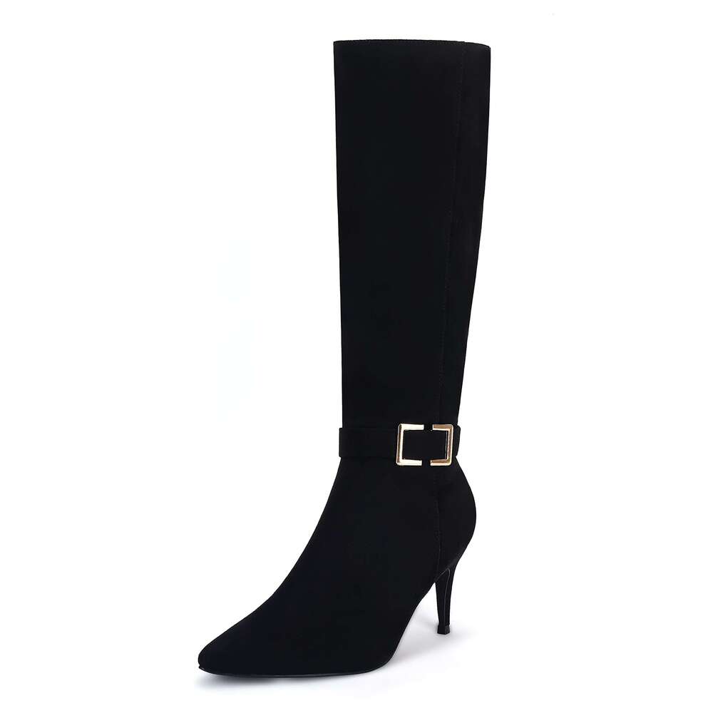 Womens Fashion Knee High Stiletto Heels Cover Pointed Toe Wide Calf Metal Buckle Side Zipper Winter Boots