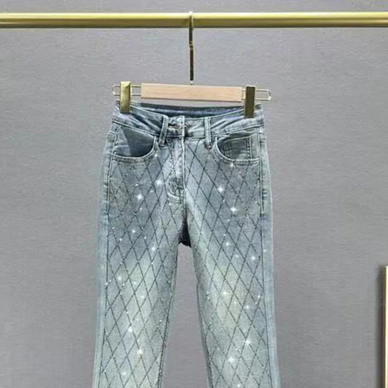 Diamond Denim Flared Pants Womens Fashion Jeans High Waist Stretch Slim Pants 251029