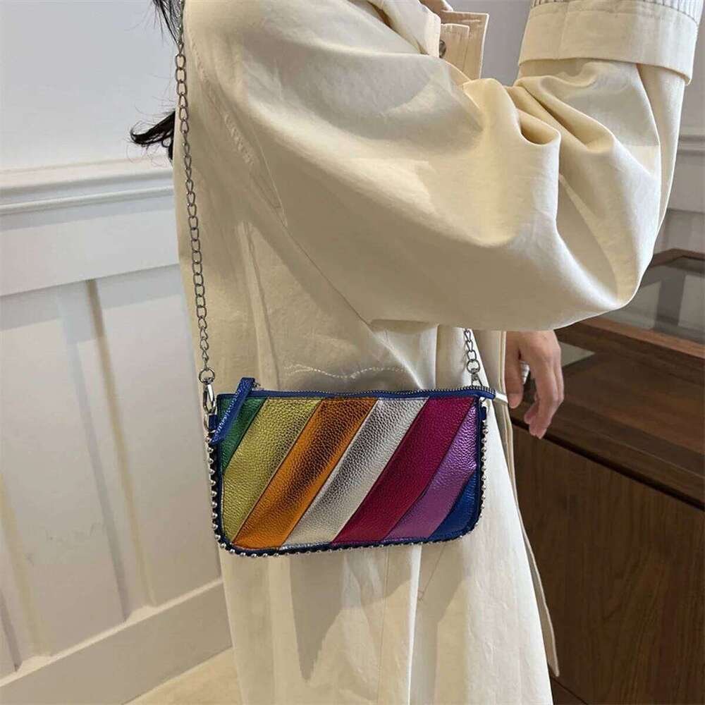 Rivet Shoulder Contrast Rainbow Splice Crossbody Designer Handbag Fashion Trend Colorful Flap Women's Twill Chain Bag