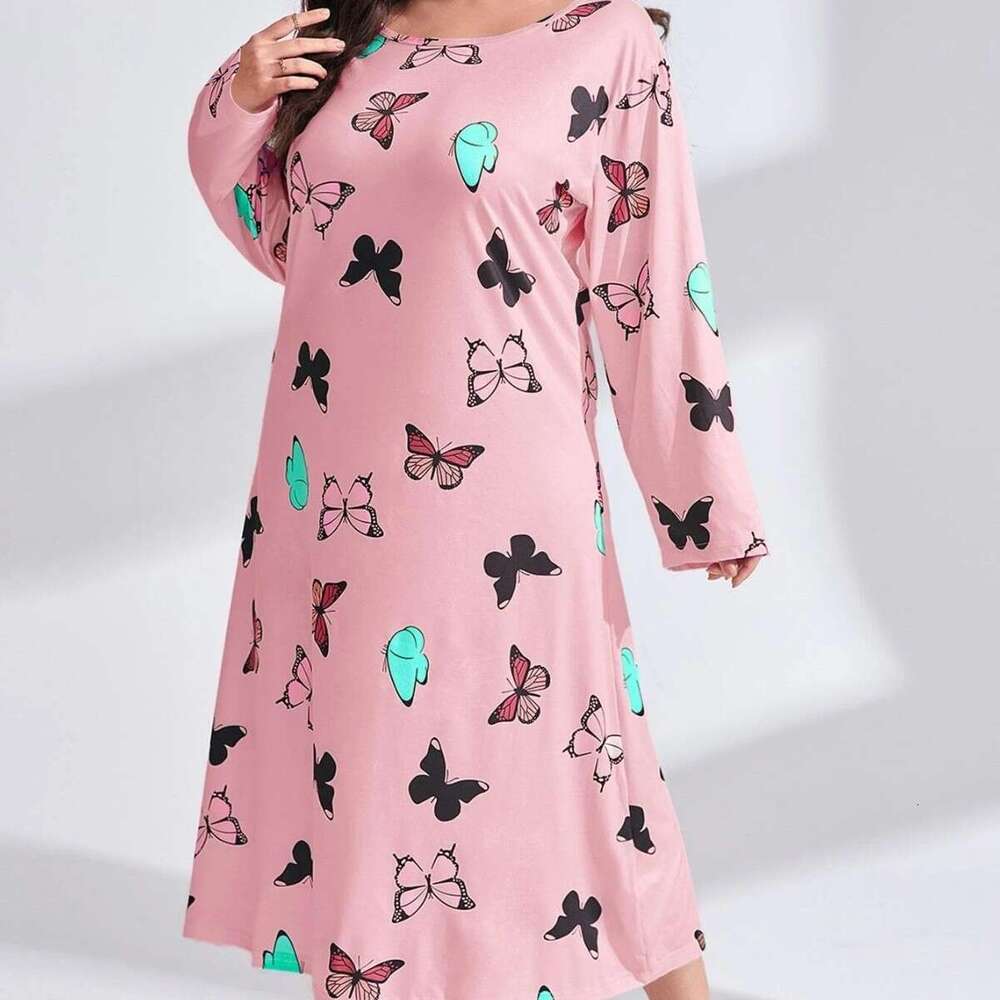 2025 Plus Size Women's Sleeve Butterfly Heart Leopard Print Off-Shoulder Long Nightdress Dress
