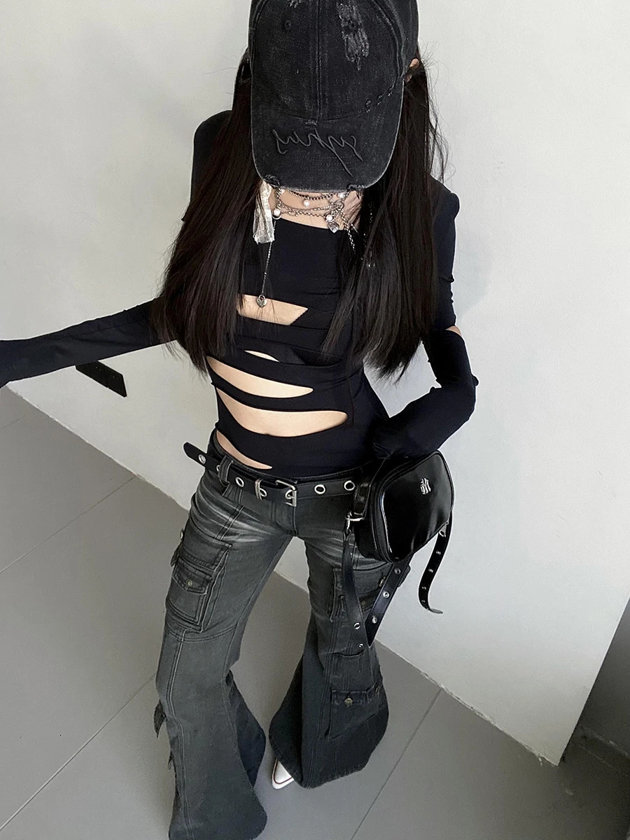 REDDACHiC Acubi Fashion Black Flare Jeans Retro Whiskers Skinny Stretch Low Rise Pockets Cargo Pants Women Grunge Alt Streetwear 251029