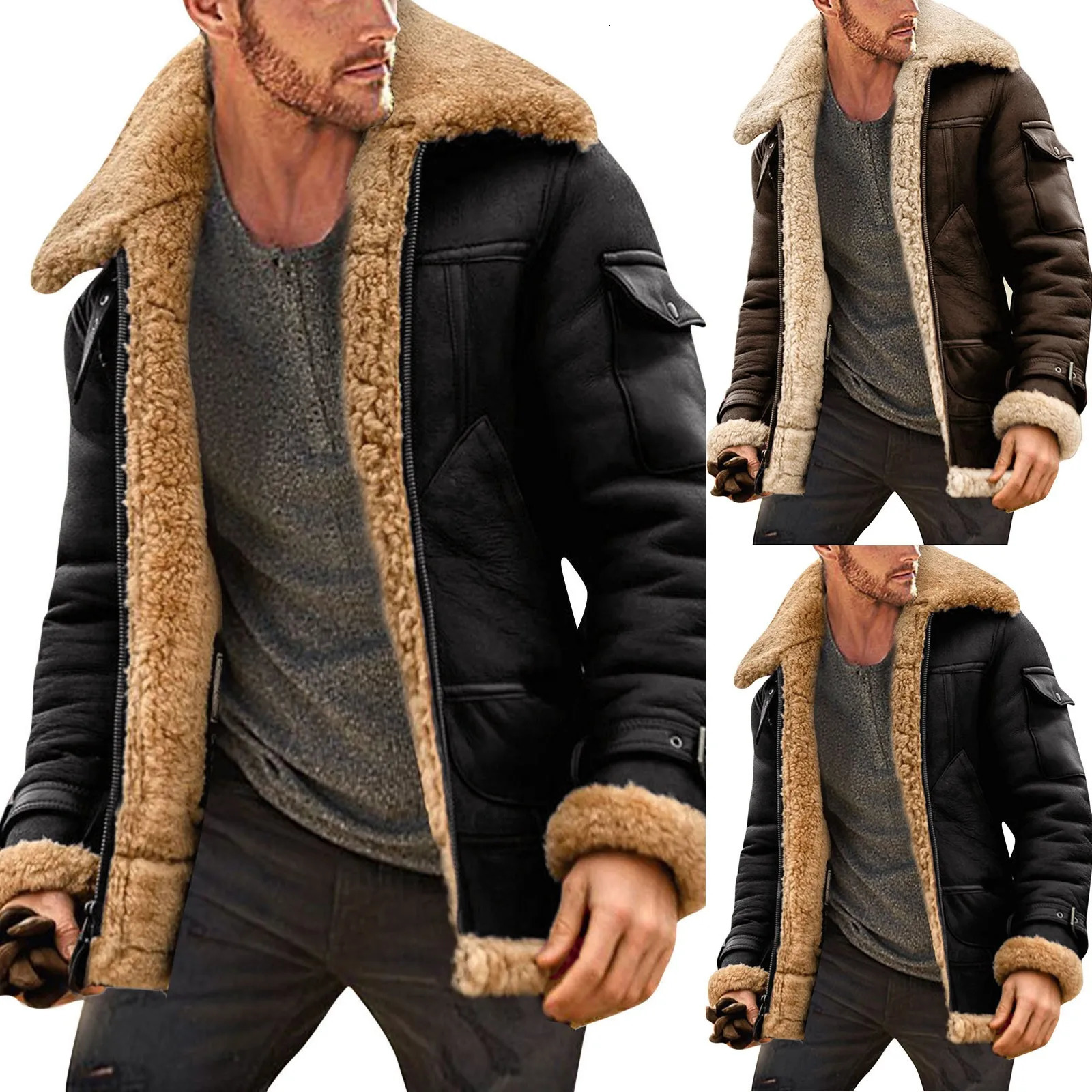 Men Plus Size Winter Scrub Leather Jackets Long Sleeve Fleece Lined Leather Jacket Vintage Thicken Padded Windbreaker Outwears 251023