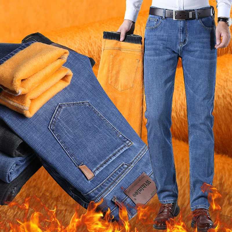 Winter Thermal Warm Flannel Stretch Jeans Mens Winter Highquality Famous Brand Fleece Pants Straight Trousers Denim Jean 2840 J251030