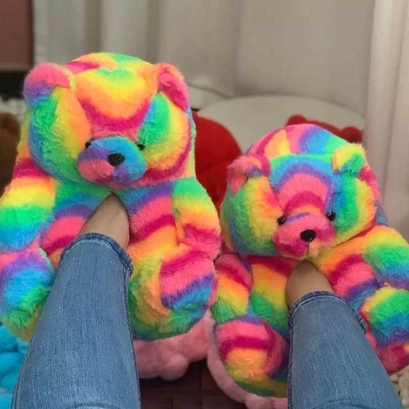Quick Shipping Pink Slip On Animal Fur Slippers Home Fluffy Bear Shoes Cute Cartoon Indoor Warm Fuzzy Slipper Home Flipflops H251030