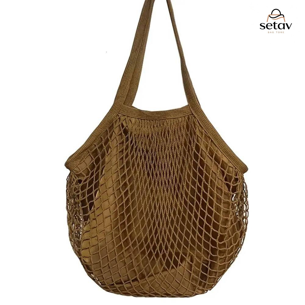 Luxury Handbag Reusable Grocery Fruit Vegetable Net Bag Washable Cotton Mesh String Organic Organizer Handbag Short Handle Top-Handle Bags Handbag