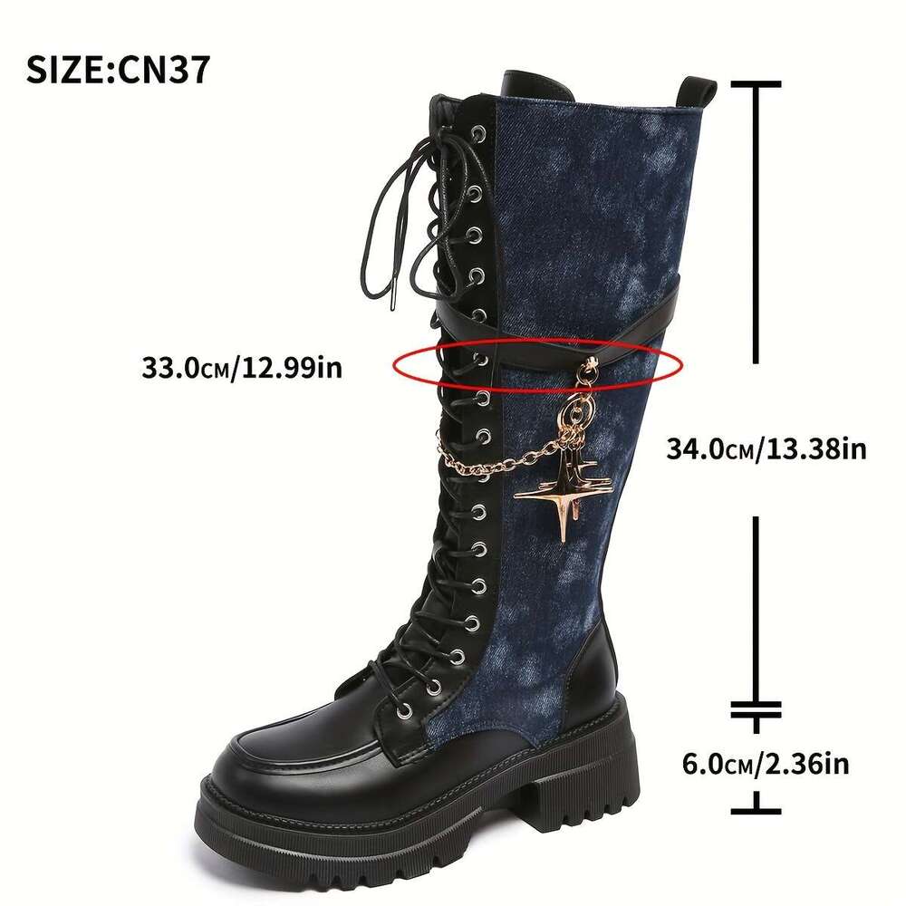Women's Winter New Solid Color Patchwork Lace-Up Star Metal Chain Side Zipper Thick Sole Chunky Heel Knee-High Boots Fashion Versatile Casual Hig