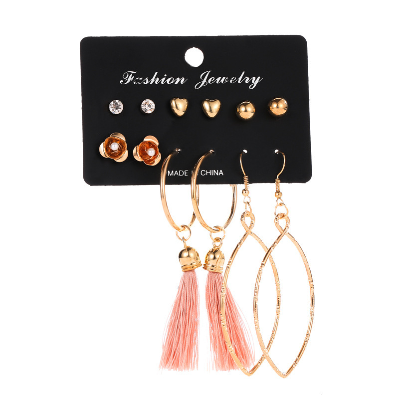18k Gold Plated Set Tassel Bohemian 6 Pairs Of Stud Earrings Jewelry