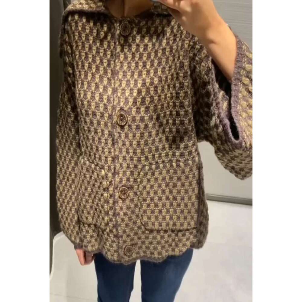 Fashion Caramel Lapel Plaid Knit Cardigan Women Loose Single Breast Pocket Warm Coat 2025 Autumn Lady Korean Style Knitwear New Women Sweater Designer