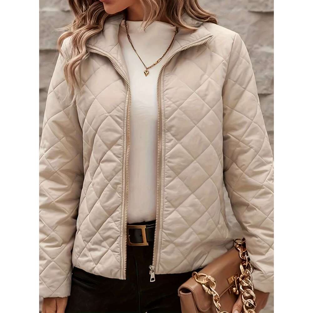 Quilted Women Quilted Beige Jacket Women Long Sleeve Zip Up Coat With Stand Up Collar Front Zipper Closure Warm Outerwear For Fall Winter Everyday For