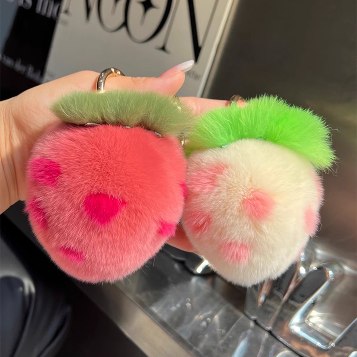 Real Rex Rabbit Fur Strawberry Car Keychain Ins Style Plush Ball Backpack Charm