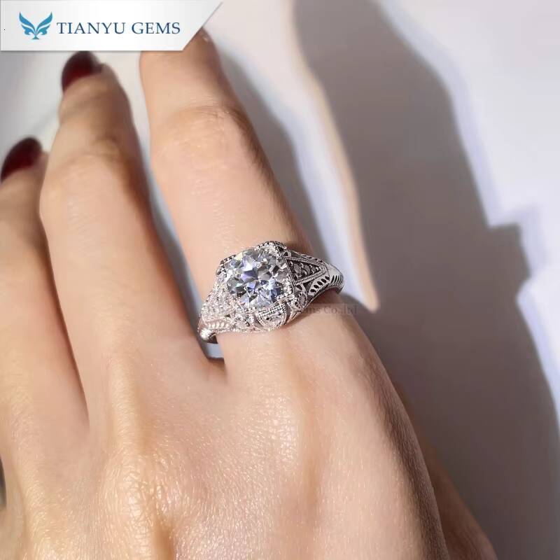 Tianyu Gems S925 with Rhodium Plated 80mm 2ct Round Oec Cut Moissanite Diamond D VVS1 Vintage Rings
