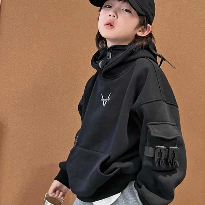 Stylish Boys Fleecelined Pullover Hoodie Mechanical Buckle Hooded Top Trendy Hiphop Dance Performance Outfit for Medium KidsT251030