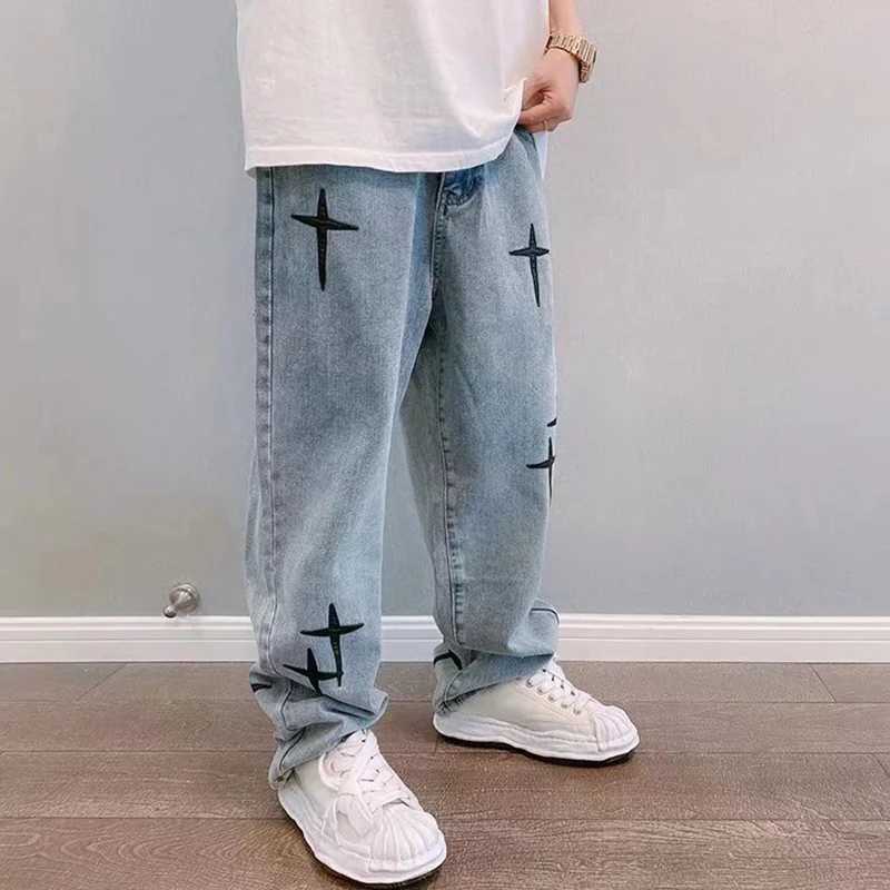 Mens Trendy Cool Style 2024 Blue Denim Pants Baggy Wide Leg Streetwear Trousers Cross Star Sticker Embroidery Design Jeans Male J251030