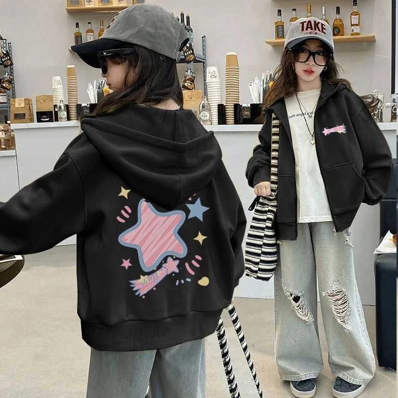Girls American Streetwear Star Print FleeceLined ZipUp Hoodie AutumnWinter Stylish DesignT251030