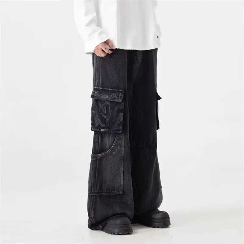 2025 American Retro Y2K Streetwear Washed Black Baggy Cargo Jeans Pants For Men Clothing Wide Leg Straight Trousers Ropa Hombre J251030