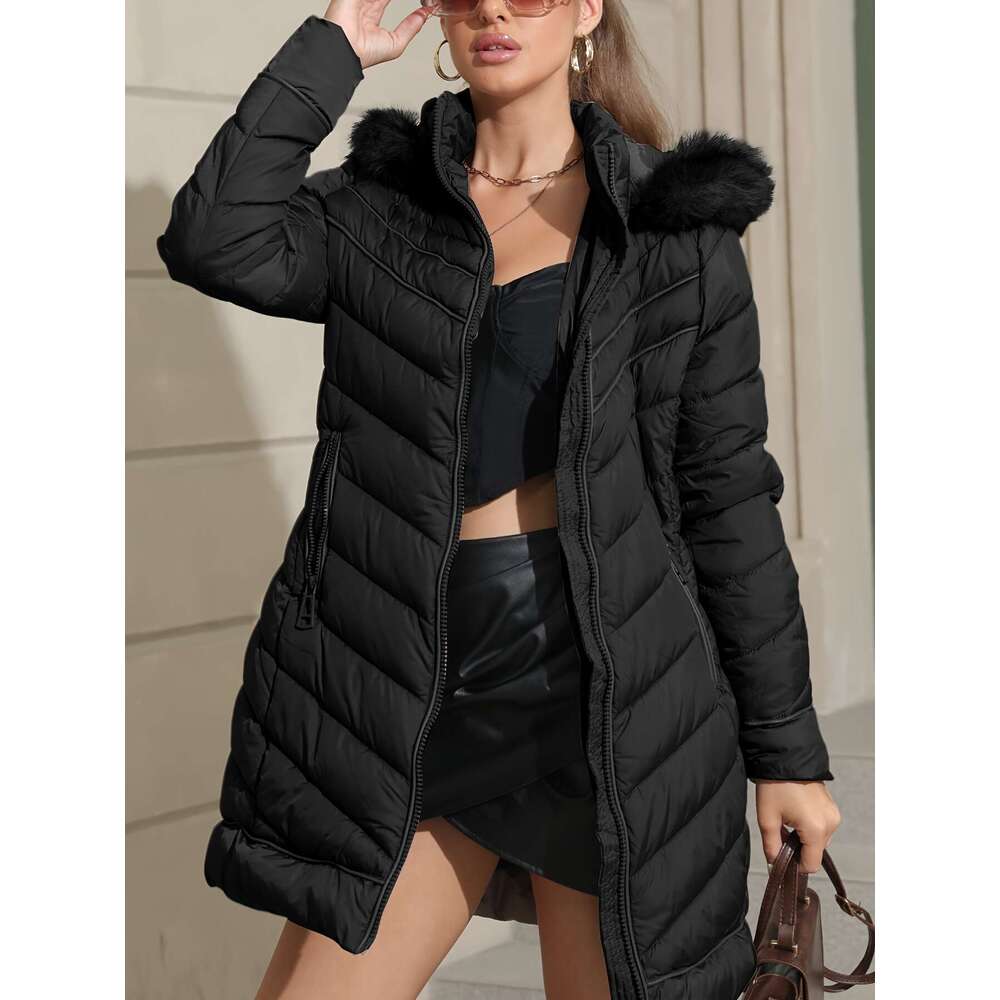 Women S Cozy Fleece Lined Hooded Jacket Slim Fit Mid Length Zip Up With Padded Insulation Solid Color Long Sleeves And Front Pockets For Fall Winter