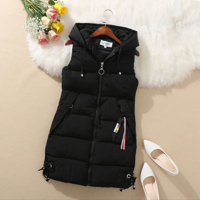 Womens Thick Warm Down CottonPadded Waistcoat Sleeveless Vest Long Hooded Vest Korean Loose Jacket Outwear Autumn Winter 251024